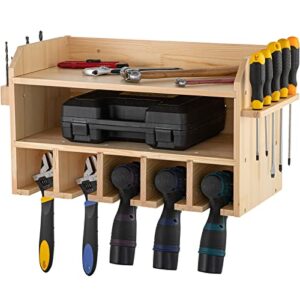 vevor drill charging station, power tool charging station, 5 drill hanging slots drill charging station, 2-shelf cordless drill storage, wall mounted power drill tool storage organizer wooden