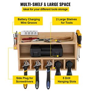 VEVOR Drill Charging Station, Power Tool Charging Station, 5 Drill Hanging Slots Drill Charging Station, 2-Shelf Cordless Drill Storage, Wall Mounted Power Drill Tool Storage Organizer Wooden