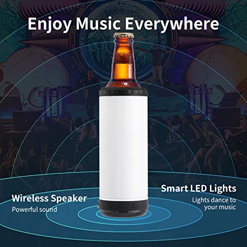 INSTOME Sublimation Can Cooler with Speaker,4 in 1 16oz Straight Music Can Cooler,Insulated Speaker Cup Can Cooler with Detachable Led Light for Summer Beach Party (Black)