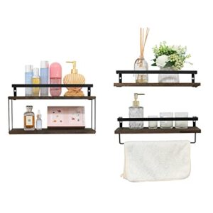 rustic floating shelves with metal rack, wood floating shelves set of 4, wall mounted floating bathroom shelves,black floating shelves for bathroom for kitchen,living room,bedroom, coffee bar, office