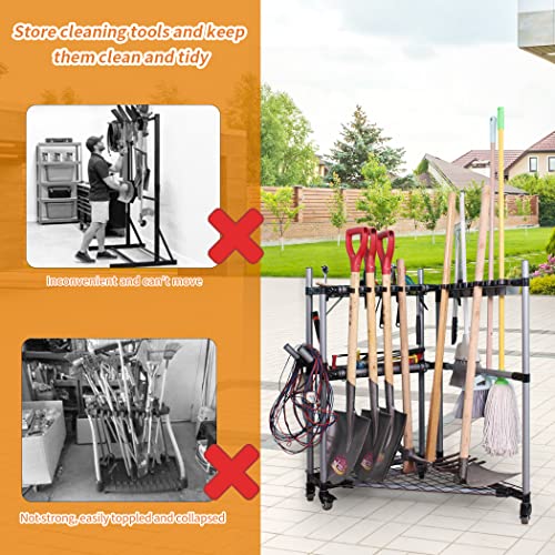 QTJH Garden Tool Organizer with Wheels Rolling Corner Tool Storage Rack for Garden Tool Tower Broom Holder