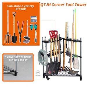 QTJH Garden Tool Organizer with Wheels Rolling Corner Tool Storage Rack for Garden Tool Tower Broom Holder