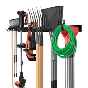 garden tool rack garage storage tool organizer 34 inches wall mount, heavy duty solid steel max 200lbs, tool hangers 6 hooks for yard tools, shovels, rakes, brooms, cords, hoses, ropes