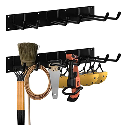 Garden Tool Rack Garage Storage Tool Organizer 34 Inches Wall Mount, Heavy Duty Solid Steel Max 200lbs, Tool Hangers 6 hooks for Yard Tools, Shovels, Rakes, Brooms, Cords, Hoses, Ropes