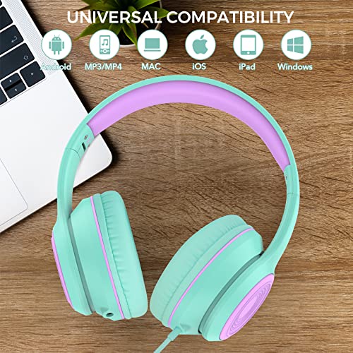 RORSOU K9 Kids Headphones with Microphone, Folding Stereo Bass Headset with 1.5M No-Tangle Cord for Children/Teens/School/Adults, Portable Wired Headphones for Smartphone Tablet Computer MP3/4 (Green)