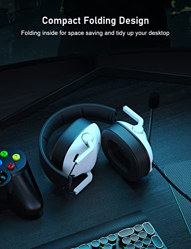 SENZER SG500 Surround Sound Pro Gaming Headset with Noise Cancelling Microphone - Detachable Memory Foam Ear Pads - Portable Foldable Headphones for PC, PS4, PS5, Xbox One, Switch - White