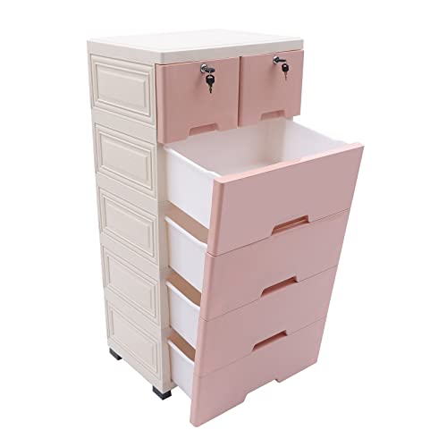 WDZCZDoo Plastic Drawers Dresser, Storage Cabinet with 6 Drawers, Closet Drawers Tall Dresser Organizer, Vertical Clothes Storage Tower for Clothes, Toys, Playroom, Bedroom Furniture (Pink)