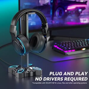 KDD Gaming RGB Headphones Stand, Rotatable Headset Stand with 9 Light Modes - Controller Holder with 2 USB Charging Ports and 3.5mm & Type-C Port - Earphone Hanger Accessories for Desktop Gamer(Black)