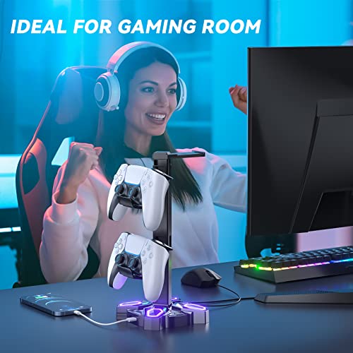 KDD Gaming RGB Headphones Stand, Rotatable Headset Stand with 9 Light Modes - Controller Holder with 2 USB Charging Ports and 3.5mm & Type-C Port - Earphone Hanger Accessories for Desktop Gamer(Black)