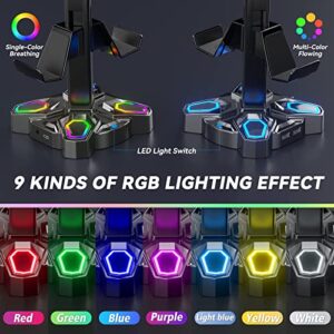 KDD Gaming RGB Headphones Stand, Rotatable Headset Stand with 9 Light Modes - Controller Holder with 2 USB Charging Ports and 3.5mm & Type-C Port - Earphone Hanger Accessories for Desktop Gamer(Black)