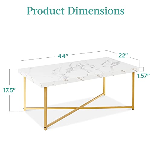 Best Choice Products 44in Rectangular Marble Coffee Table, X-Base Accent Table for Living Room, Dining Room, Home Décor w/Faux Marble Top - White/Bronze Gold