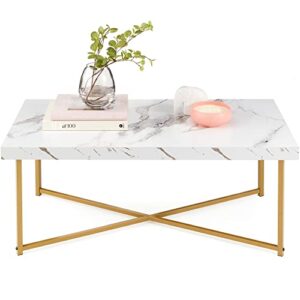 best choice products 44in rectangular marble coffee table, x-base accent table for living room, dining room, home décor w/faux marble top - white/bronze gold