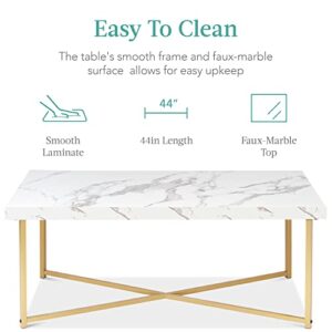 Best Choice Products 44in Rectangular Marble Coffee Table, X-Base Accent Table for Living Room, Dining Room, Home Décor w/Faux Marble Top - White/Bronze Gold