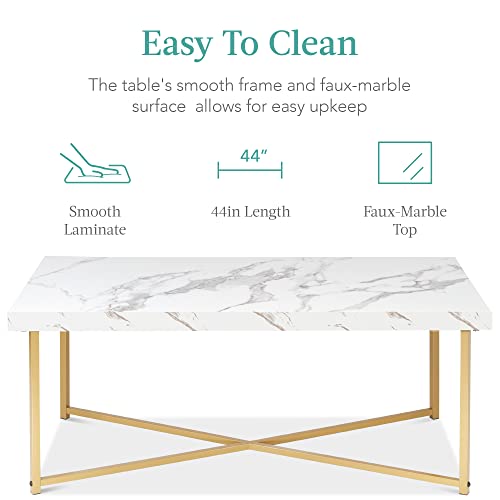 Best Choice Products 44in Rectangular Marble Coffee Table, X-Base Accent Table for Living Room, Dining Room, Home Décor w/Faux Marble Top - White/Bronze Gold