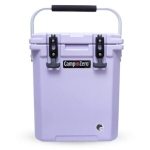 camp-zero 16l tall cooler/ice chest with 2 molded-in cup holders & folding aluminum handle | thick walled, freezer grade cooler with secure locking system & removable divider (lavender)