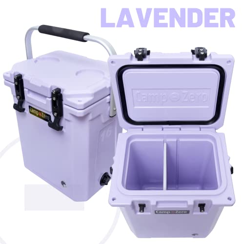 CAMP-ZERO 16L Tall Cooler/Ice Chest with 2 Molded-in Cup Holders & Folding Aluminum Handle | Thick Walled, Freezer Grade Cooler with Secure Locking System & Removable Divider (Lavender)