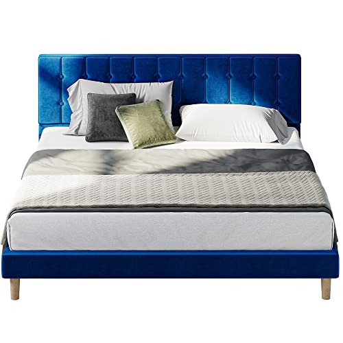 LIKIMIO King Bed Frame and Headboard, Velvet Upholstered King Platform Bed with Sturdy Metal Support/No Box Spring Needed/Noise-Free/Easy Assembly, Royal Blue