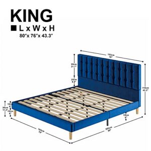 LIKIMIO King Bed Frame and Headboard, Velvet Upholstered King Platform Bed with Sturdy Metal Support/No Box Spring Needed/Noise-Free/Easy Assembly, Royal Blue