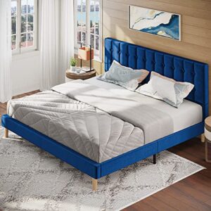 LIKIMIO King Bed Frame and Headboard, Velvet Upholstered King Platform Bed with Sturdy Metal Support/No Box Spring Needed/Noise-Free/Easy Assembly, Royal Blue