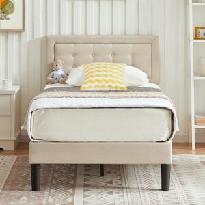 vecelo twin size upholstered bed frame with height adjustable fabric headboard, heavy-duty platform bedframe/mattress foundation/strong wood slat support/no box spring needed, beige
