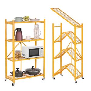 shanson storage shelves with wheels 4 tier heavy duty foldable metal rack storage shelving units for garage kitchen，yellow