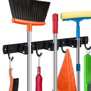 charmount mop and broom hanger wall mount - mop and broom holder wall mount- heavy duty broom storage rack hook for laundry room, garden,garage (black)