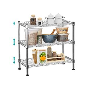 doredo 3 tier wire shelving unit, adjustable wire rack shelving with leveling feet, metal storage shelf unit for kitchen, laundry, pantry, balcony (18" d x 8" w x 18" h, chrome)