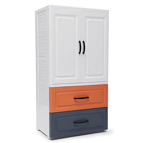 Plastic Drawers Dresser Rolling Plastic Storage Dresser Storage Cabinet on Wheels with 2 Large Drawers and Top 1 Large Cabinet (22.4"L x 15.7"D x 43.3"H）