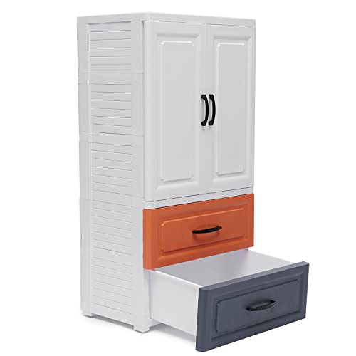 Plastic Drawers Dresser Rolling Plastic Storage Dresser Storage Cabinet on Wheels with 2 Large Drawers and Top 1 Large Cabinet (22.4"L x 15.7"D x 43.3"H）