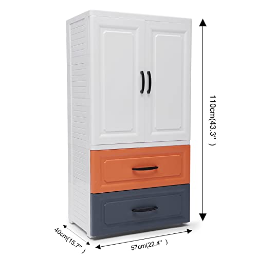 Plastic Drawers Dresser Rolling Plastic Storage Dresser Storage Cabinet on Wheels with 2 Large Drawers and Top 1 Large Cabinet (22.4"L x 15.7"D x 43.3"H）