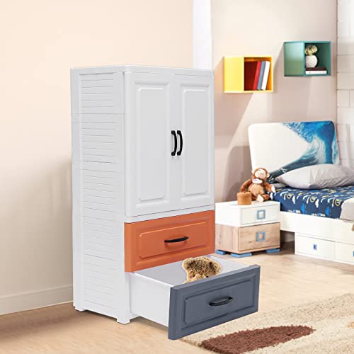 Plastic Drawers Dresser Rolling Plastic Storage Dresser Storage Cabinet on Wheels with 2 Large Drawers and Top 1 Large Cabinet (22.4"L x 15.7"D x 43.3"H）