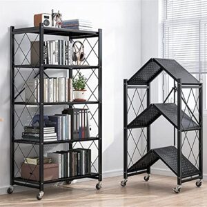 NIUYAO 5 Tier Foldable Shelving Unit with Wheels, Freestanding Metal Storage Shelf Heavy Duty Standing Shelves Units for Home Kitchen Bakers Closet Pantry -Black 28" L x 14.4" W x 64.2" H