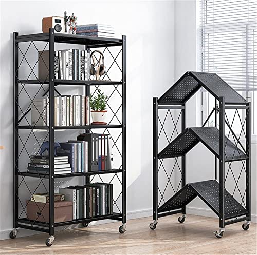 NIUYAO 5 Tier Foldable Shelving Unit with Wheels, Freestanding Metal Storage Shelf Heavy Duty Standing Shelves Units for Home Kitchen Bakers Closet Pantry -Black 28" L x 14.4" W x 64.2" H