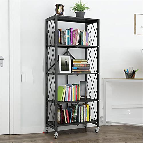 NIUYAO 5 Tier Foldable Shelving Unit with Wheels, Freestanding Metal Storage Shelf Heavy Duty Standing Shelves Units for Home Kitchen Bakers Closet Pantry -Black 28" L x 14.4" W x 64.2" H