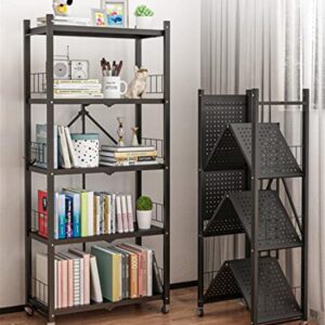 NIUYAO 5 Tier Foldable Shelving Unit with Wheels, Freestanding Metal Storage Shelf Heavy Duty Standing Shelves Units for Home Kitchen Bakers Closet Pantry -Black 28" L x 14.4" W x 64.2" H