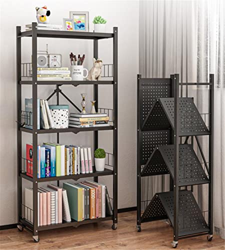 NIUYAO 5 Tier Foldable Shelving Unit with Wheels, Freestanding Metal Storage Shelf Heavy Duty Standing Shelves Units for Home Kitchen Bakers Closet Pantry -Black 28" L x 14.4" W x 64.2" H