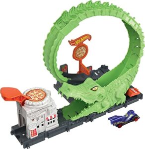 hot wheels toy car track set gator loop attack playset in pizza place with 1:64 scale car, connects to other sets