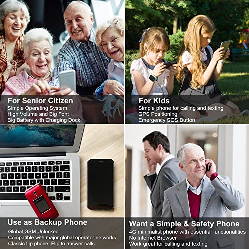 Easyfone Prime-A1 Pro 4G Big Button Flip Cell Phone for Seniors | Easy-to-Use | Clear Sound | SOS Button w/GPS | Unlocked for T-Mobile&MVNOs (Included a SIM Card) | Convenient Charging Dock (Red)