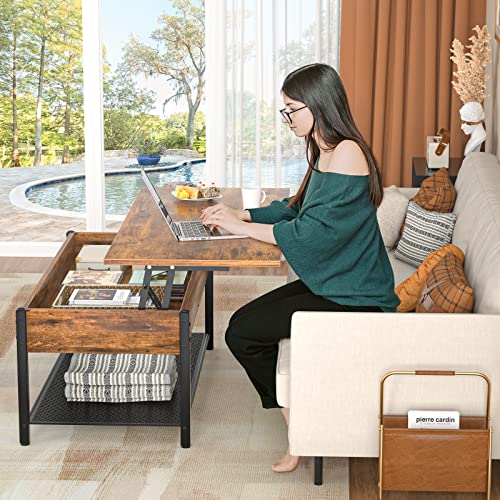 Homieasy Coffee Table, Lift Top Coffee Table with Storage Shelf and Hidden Compartment, Modern Lift Top Table for Living Room, Wood Lift Tabletop, Metal Frame - Rustic Brown