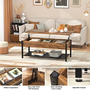 Homieasy Coffee Table, Lift Top Coffee Table with Storage Shelf and Hidden Compartment, Modern Lift Top Table for Living Room, Wood Lift Tabletop, Metal Frame - Rustic Brown