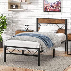 vecelo twin metal platform bed frame with rustic vintage wooden headboard, heavy duty metal slats support, platform mattress base no box spring needed, no noise, easy assembly