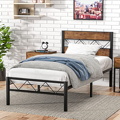 VECELO Twin Metal Platform Bed Frame with Rustic Vintage Wooden Headboard, Heavy Duty Metal Slats Support, Platform Mattress Base No Box Spring Needed, No Noise, Easy Assembly