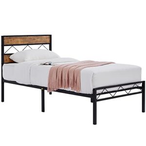 VECELO Twin Metal Platform Bed Frame with Rustic Vintage Wooden Headboard, Heavy Duty Metal Slats Support, Platform Mattress Base No Box Spring Needed, No Noise, Easy Assembly