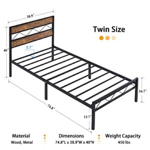 VECELO Twin Metal Platform Bed Frame with Rustic Vintage Wooden Headboard, Heavy Duty Metal Slats Support, Platform Mattress Base No Box Spring Needed, No Noise, Easy Assembly