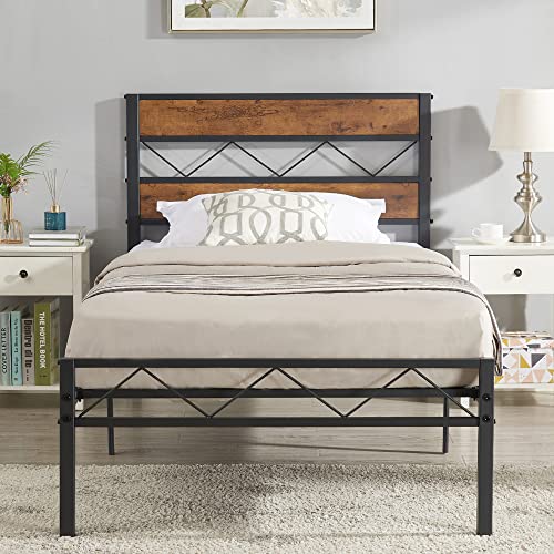 VECELO Twin Metal Platform Bed Frame with Rustic Vintage Wooden Headboard, Heavy Duty Metal Slats Support, Platform Mattress Base No Box Spring Needed, No Noise, Easy Assembly