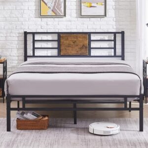 vecelo full size platform bed frame with headboard, heavy-duty mattress foundation with steel slats support, no box spring needed/easy assembly, black