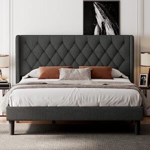 feonase king bed frame with wingback, upholstered platform bed with diamond tufted headboard, heavy duty bed frame, wood slat, easy assembly, noise-free, no box spring needed, dark gray