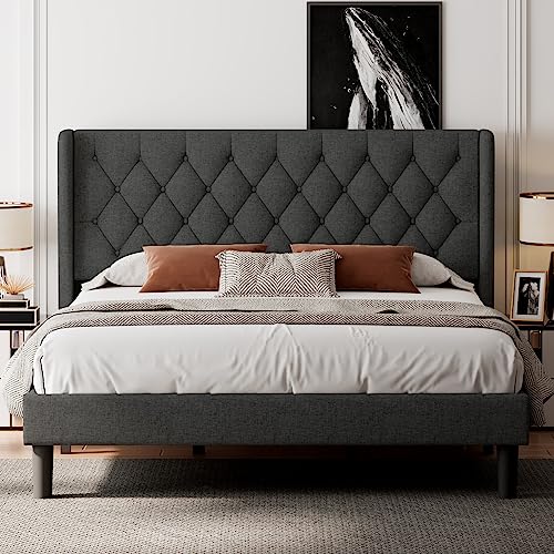 Feonase King Bed Frame with Wingback, Upholstered Platform Bed with Diamond Tufted Headboard, Heavy Duty Bed Frame, Wood Slat, Easy Assembly, Noise-Free, No Box Spring Needed, Dark Gray