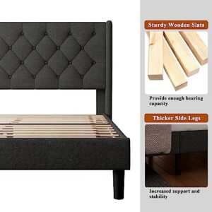 Feonase King Bed Frame with Wingback, Upholstered Platform Bed with Diamond Tufted Headboard, Heavy Duty Bed Frame, Wood Slat, Easy Assembly, Noise-Free, No Box Spring Needed, Dark Gray