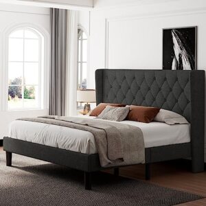 Feonase King Bed Frame with Wingback, Upholstered Platform Bed with Diamond Tufted Headboard, Heavy Duty Bed Frame, Wood Slat, Easy Assembly, Noise-Free, No Box Spring Needed, Dark Gray